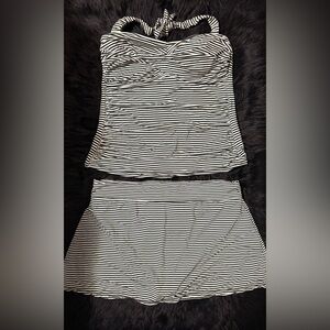 Garnet Hill Woman’s Size 12 Black and White Striped Bikini Skirt & Tank Top Set